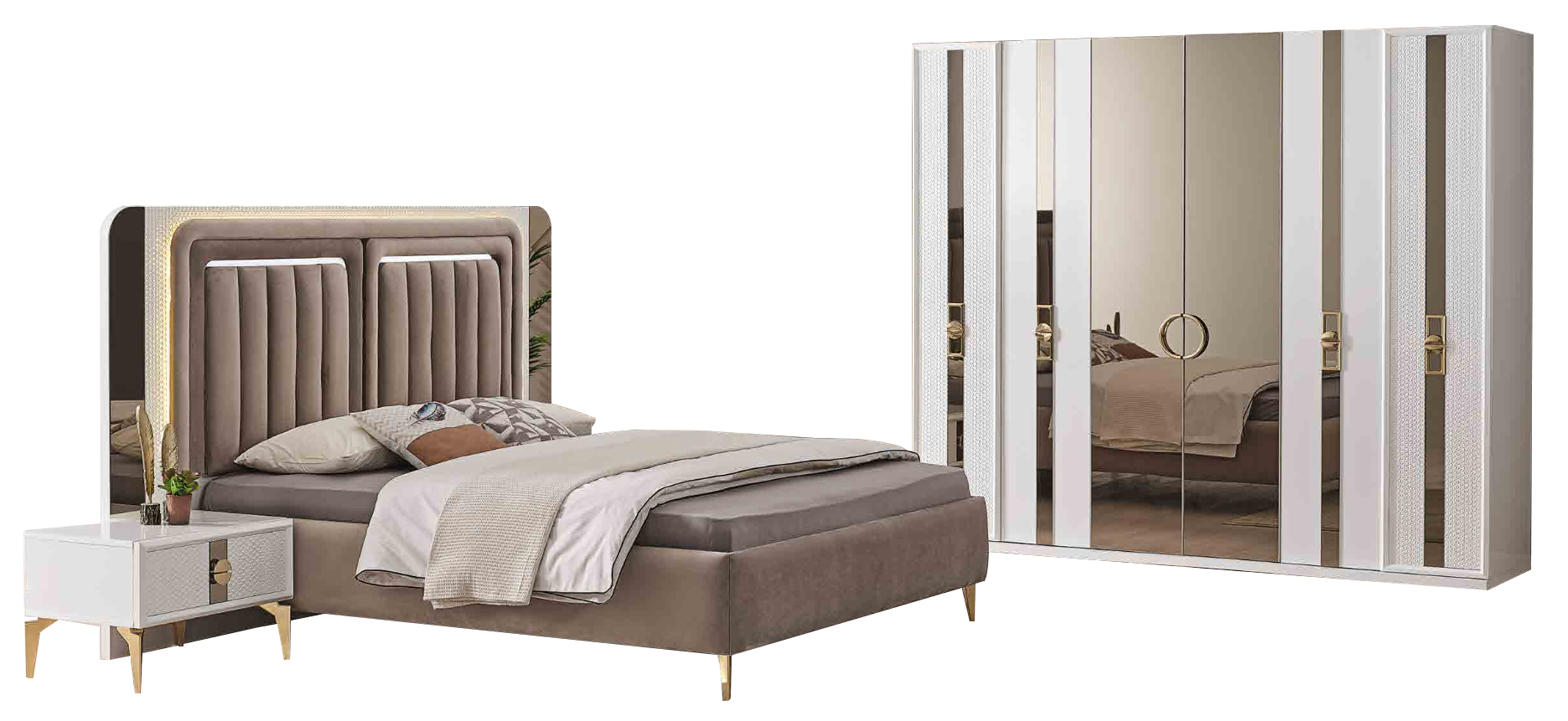 Beige bedroom set elegant double bed nightstands wardrobe