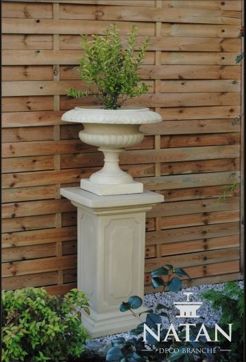 Decorative garden flower basket vase-pot on column made of weather-resistant cement in antique style