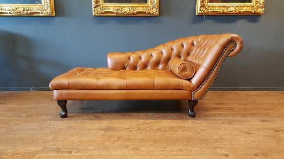 Chesterfield Classic Chaise Longue Light Brown Genuine Italian Leather Upholstery Lounger New