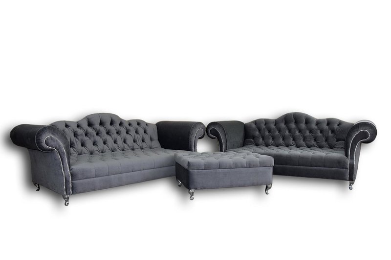 Chesterfield XXL Sofa Set 4+3-Seaters + Stool Upholstered Premium Faux Leather Black Grey New