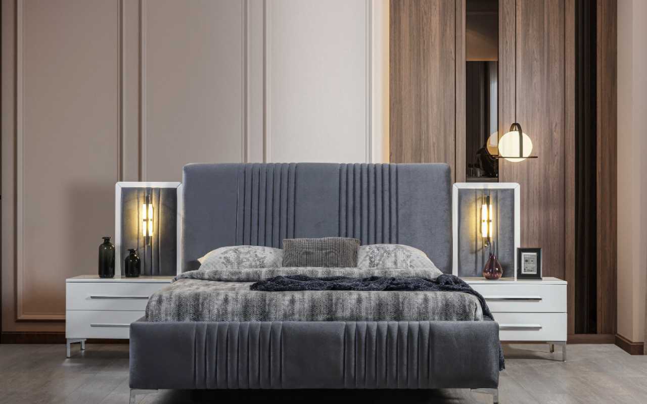 Modern gray double bed 2x wooden bedside tables bedroom set