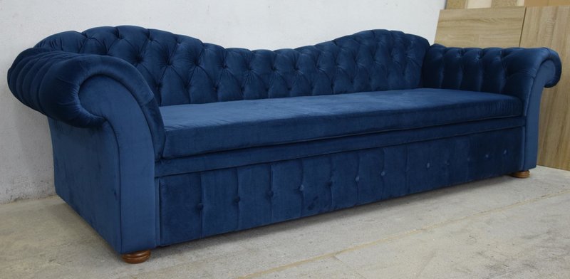 Chesterfield Sofa 3-Seater Blue Textile Upholstered Living Room Couch Real Wood New