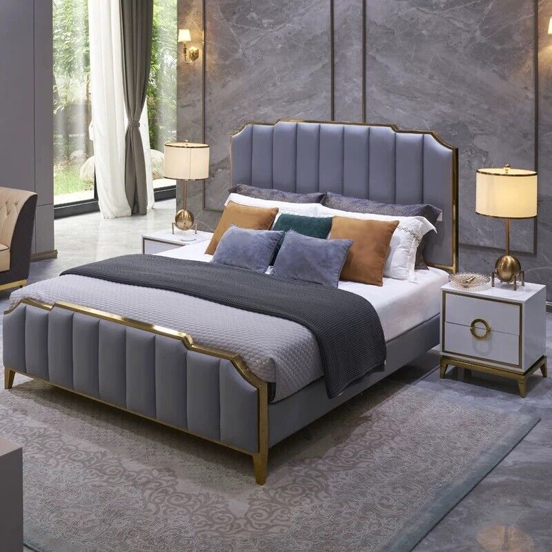 Modern style leather marriage double bed stainless steel 180x200cm size