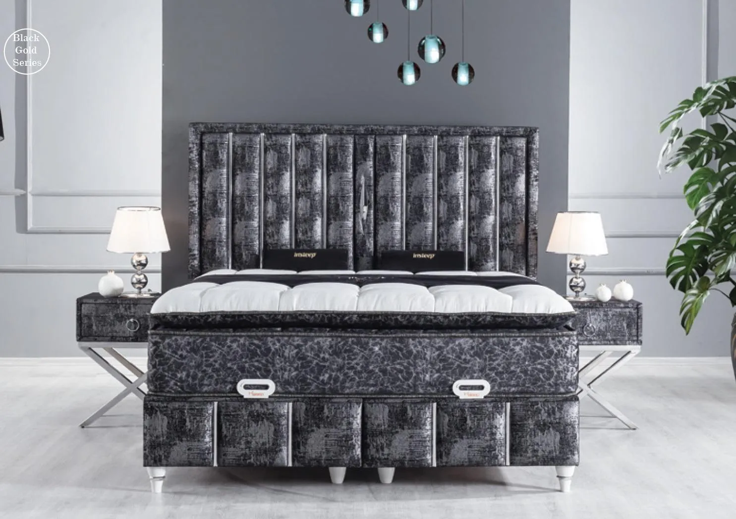 Bedroom set black bed design with mattress 2x bedside tables 3 pcs