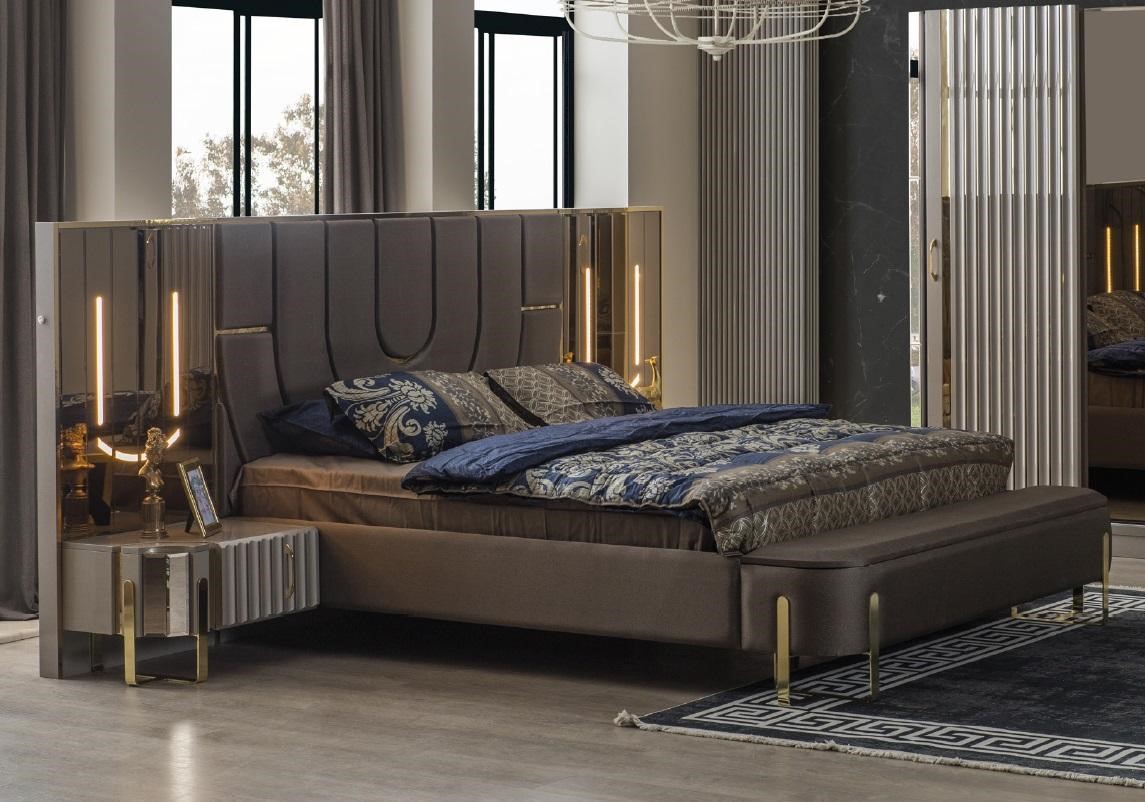 Double Bed Set Bedroom Luxury Bed Modern Brown 3pcs Design