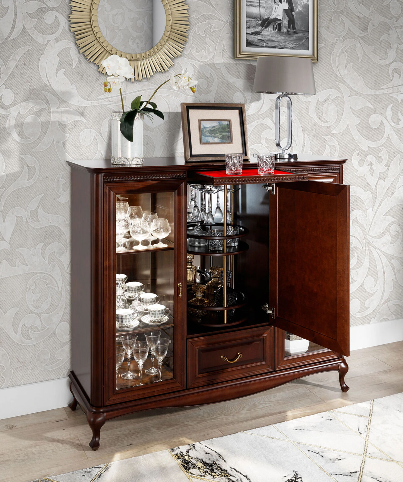 House bar cabinet sideboard with rotating bottles cabinet display case wood