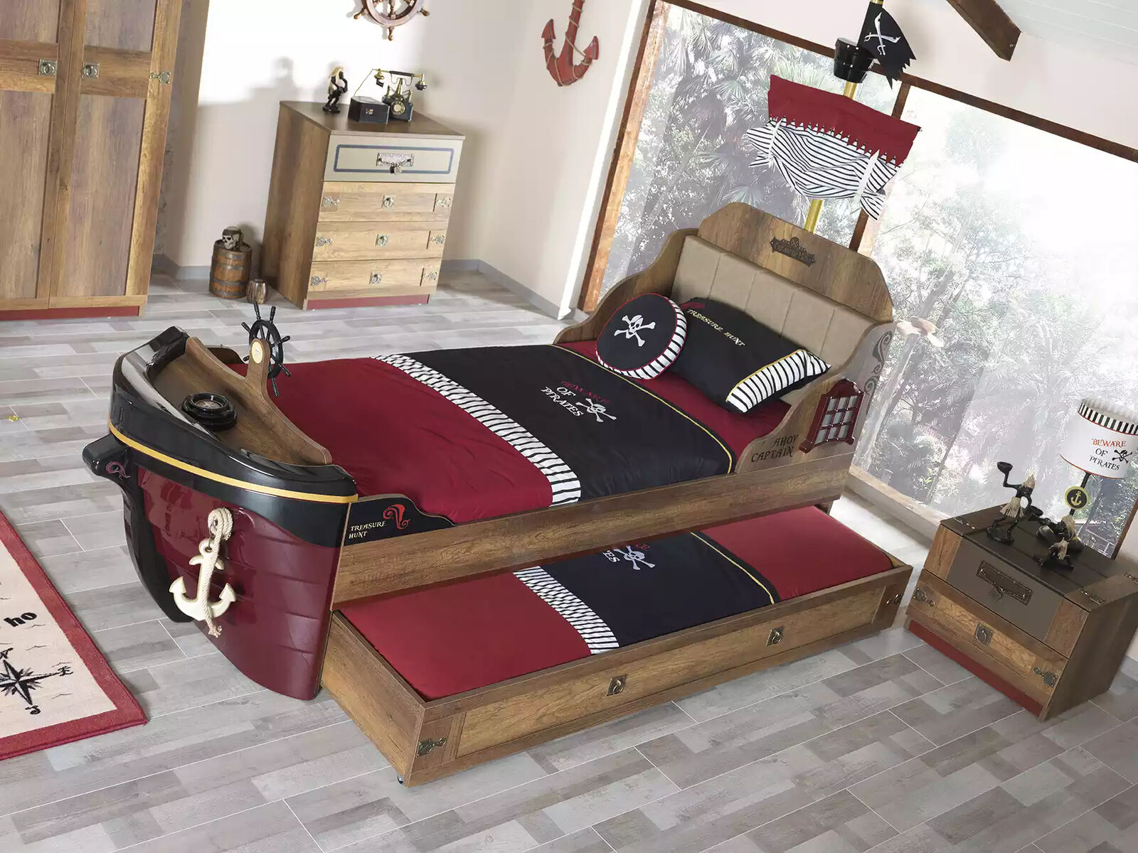 Set pirate bed frame youth bed wood brown 3-piece set children\'s room