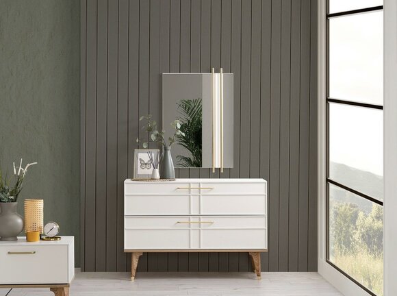 Chest of drawers with mirror bedroom console wood white set 2pcs modern