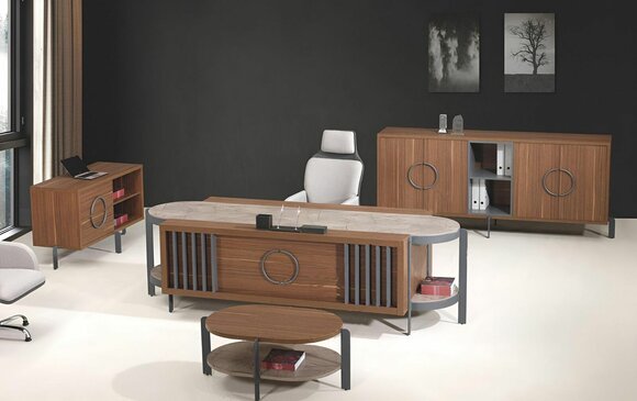 Office Desk Group Office Desk Set 4pcs Wood Brown Chest of Drawers Large