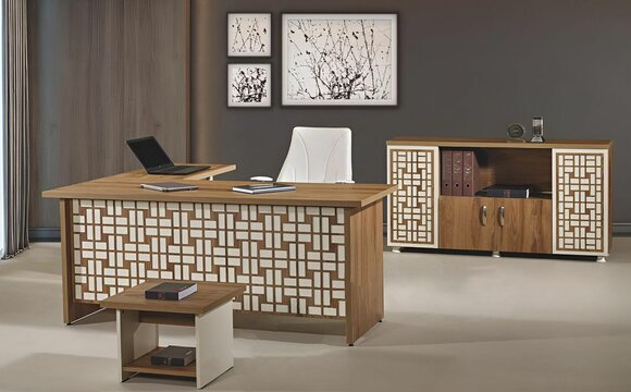 Group office corner office desk study furniture cabinet 3 pcs wood brown