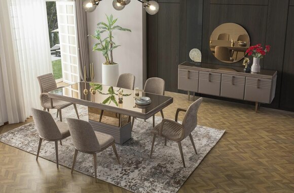 Dining table Dining room table Luxury wood Beige 199 cm