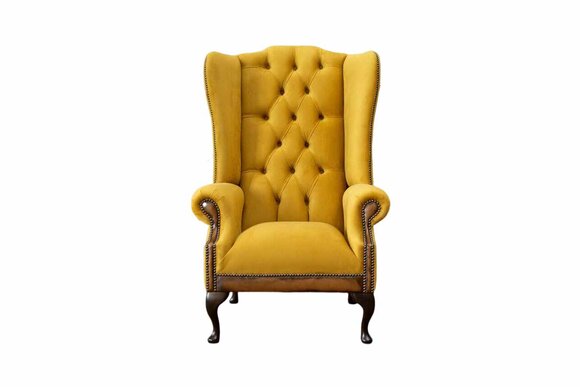 Yellow Chesterfield Wing Chair Single Seater Sofa Couch Upholstery Velvet Fabric Relax