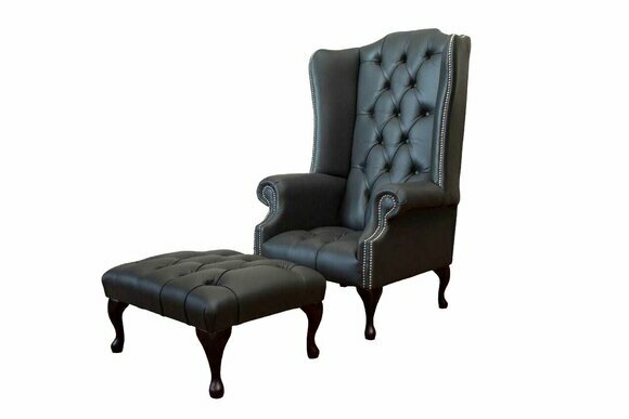 Armchair with Stool Designer Upholstered Armchair Chesterfield Wing Chair