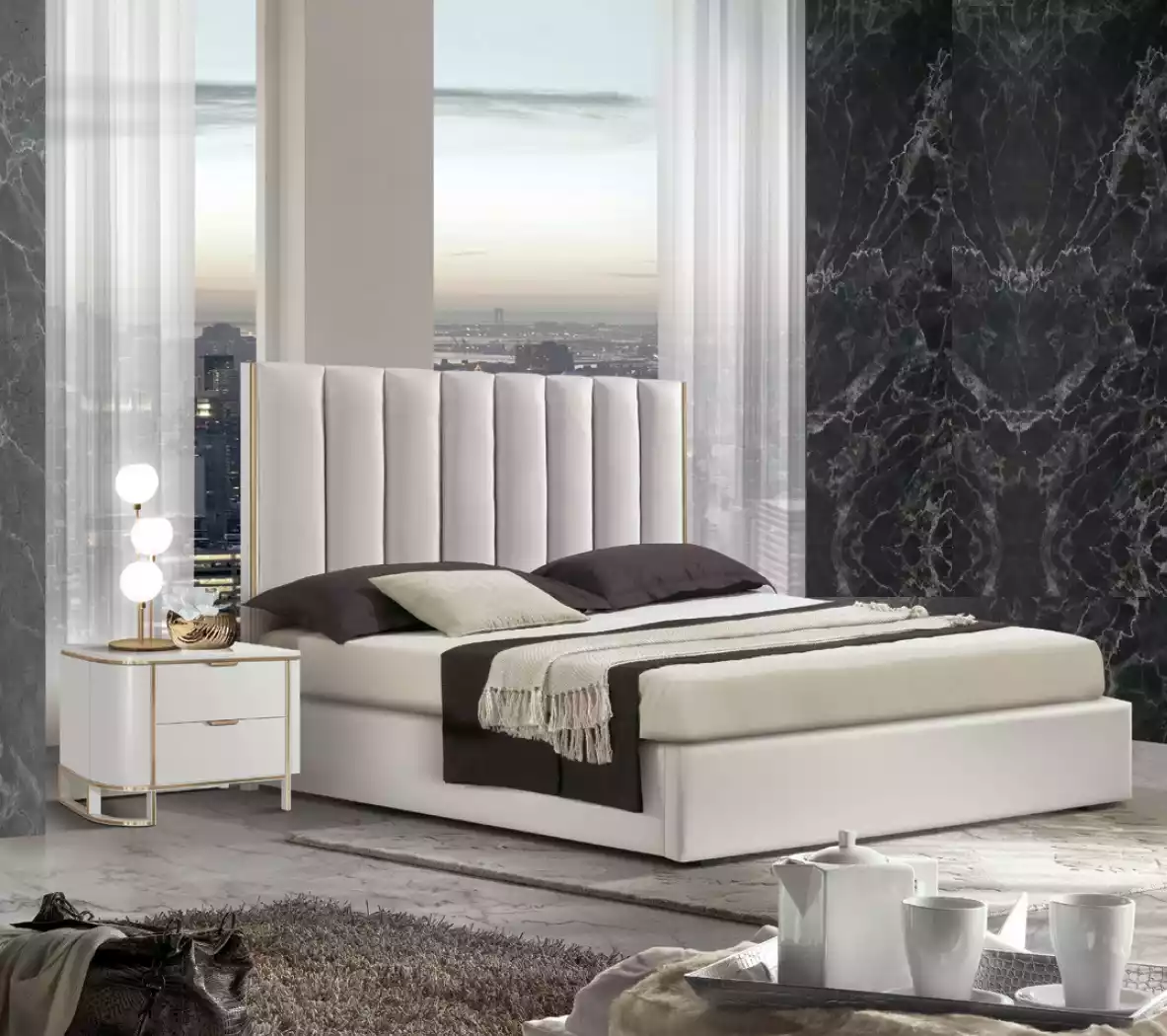 Bedroom Set Luxury Bed 2x Bedside Tables Design White 3pcs Modern