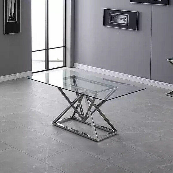 Designer dining room Modern glass table Stainless steel tables Stainless steel frame