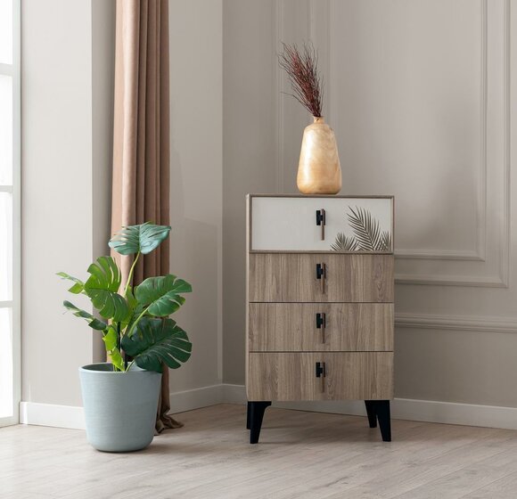 Bedroom furniture Light brown high chest of drawers Designer 4-door chest of drawers