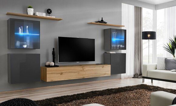 Designer Brown Living Wall Wall Shelves Cabinet Living Room Wood Furniture Style Modern