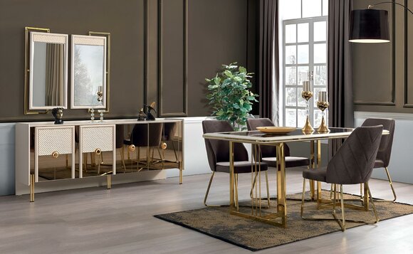 Luxury complete set dining room design dining table sideboard with mirror