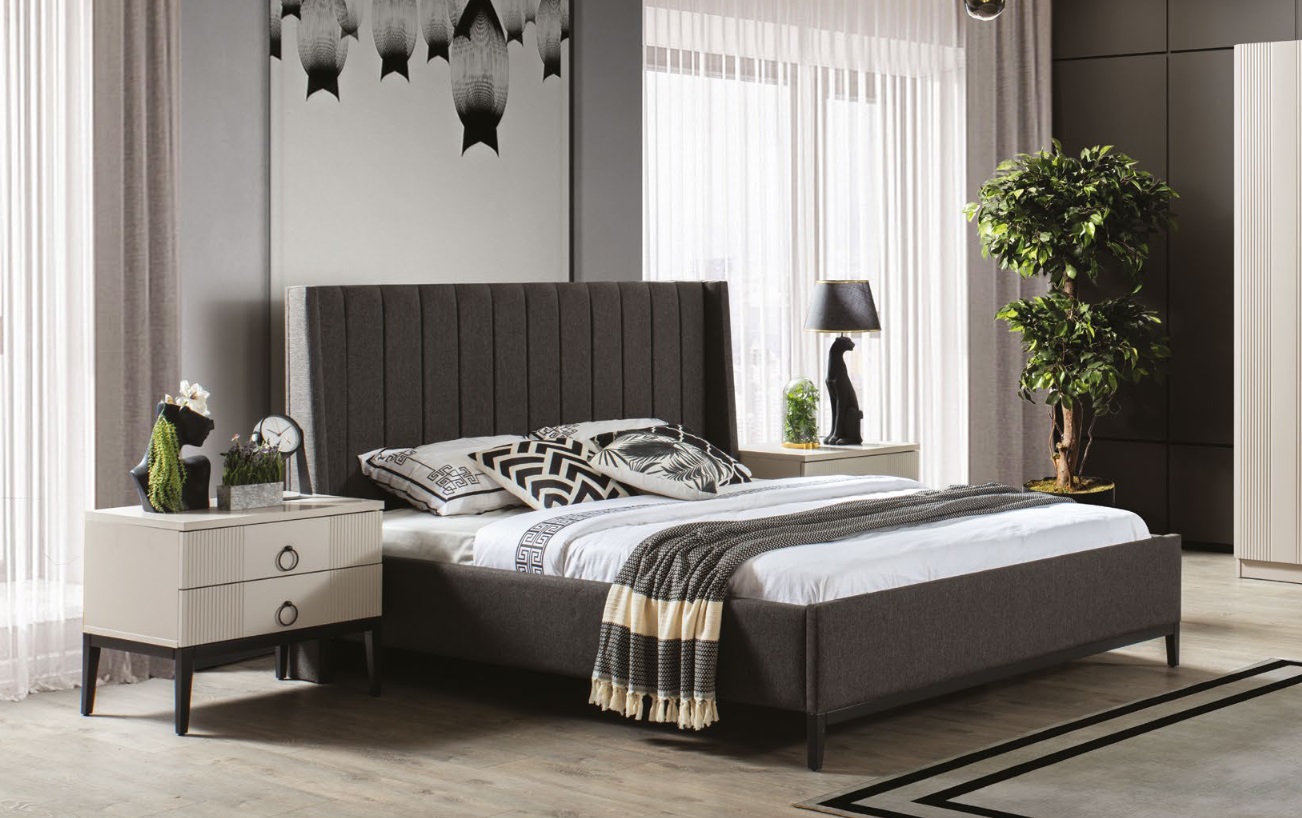 Stylish Bedroom Set Bed and 2x Bedside Tables Luxury Furniture 3pcs Grey