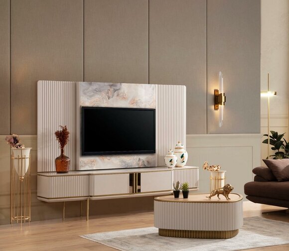 White Lowboard With TV Frame Living Room Designer Furniture Stainless Steel Frame