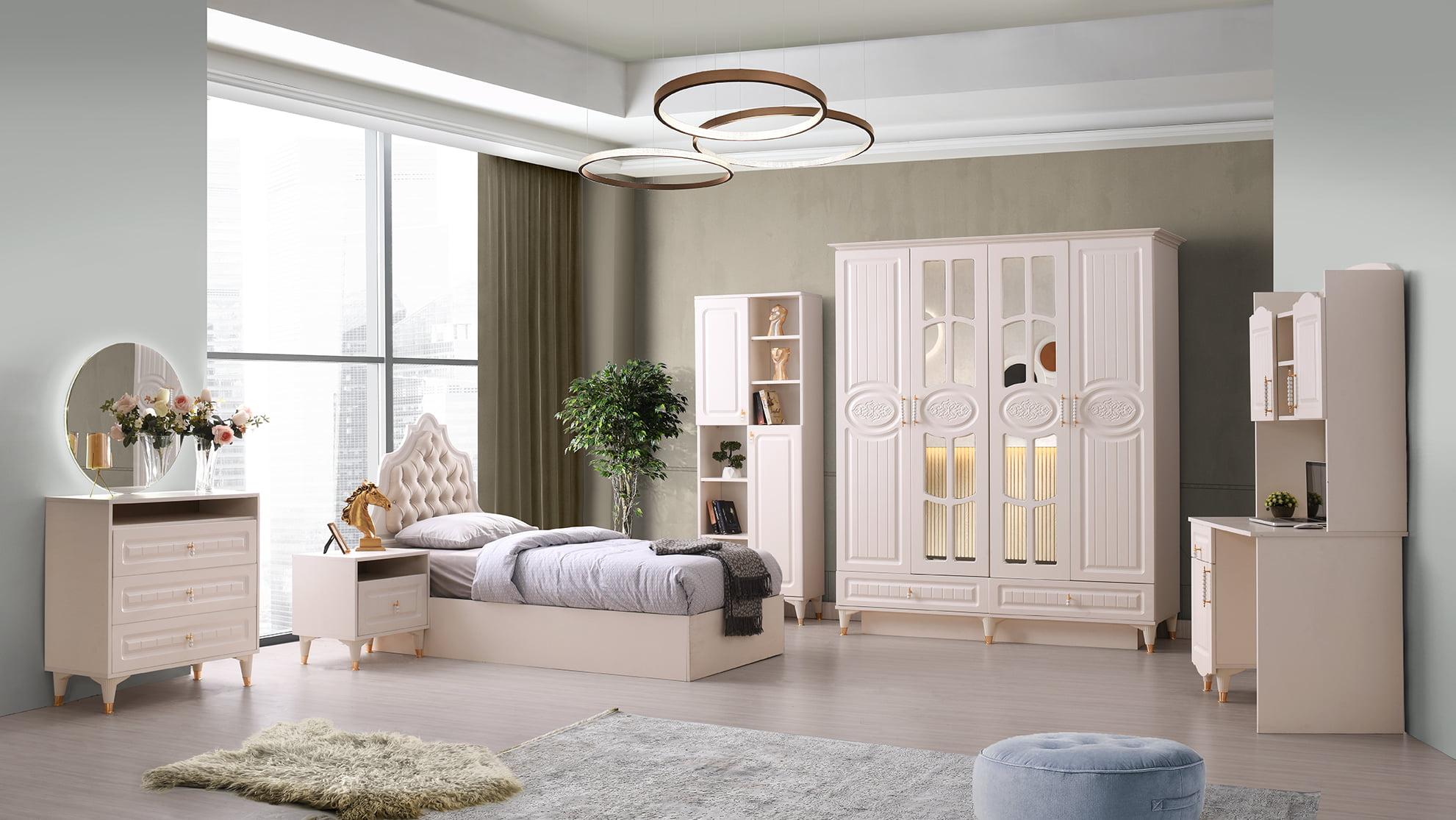 Youth room set 6 pcs Beige Unicoloured Pattern Modern Design Bedroom