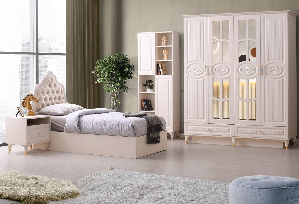 Youth room set 4 pcs Beige Modern Bed Bedside table Wardrobe Bookshelf