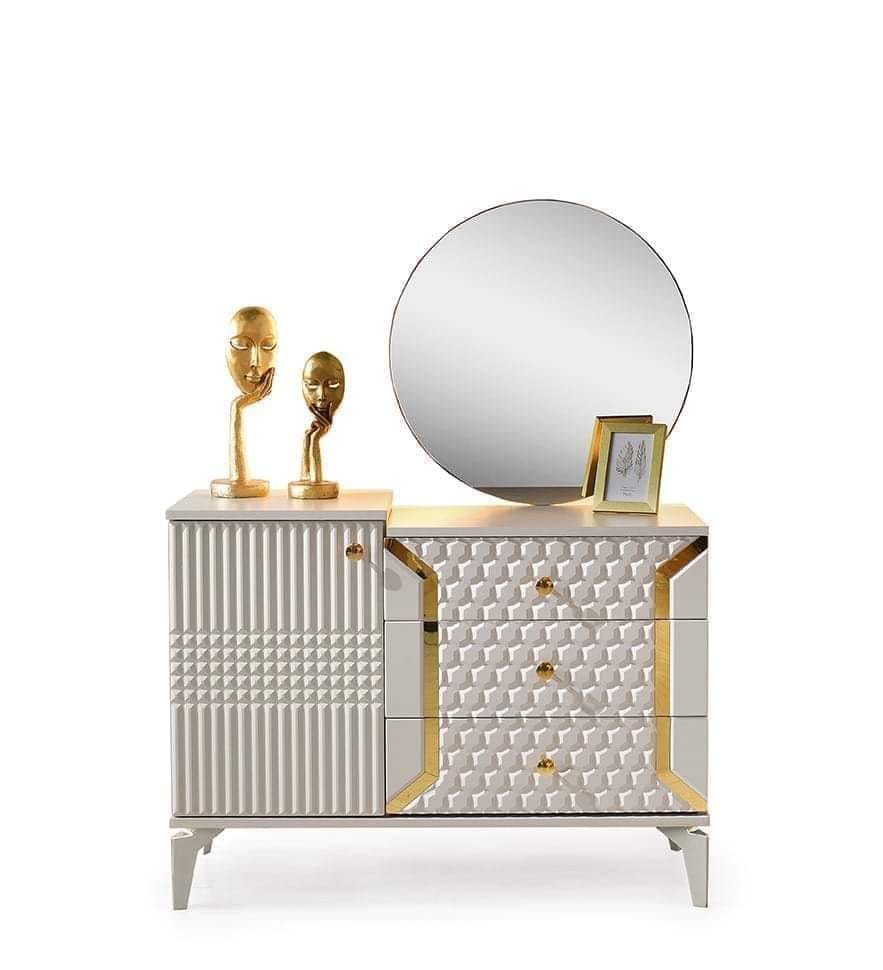 Chest of Drawers with Mirror Bedroom Design Modern Rectangular Style Beige