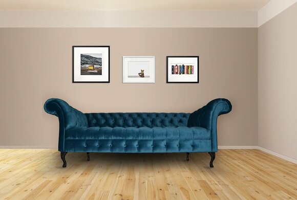 Chesterfield Classic Sofa 3-Seater Blue Textile Upholstery Wooden Feet Comfortable Couch