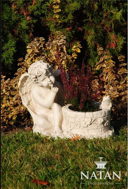 Ornamental garden flower vase-pot with angel sculpture figure made of weather-resistant cement