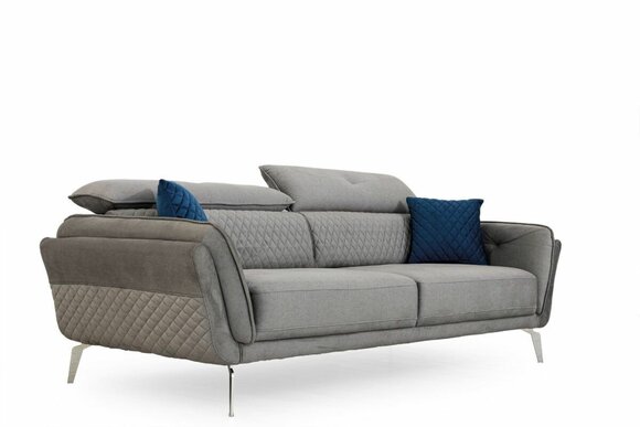 Gray fabric sofa, luxurious upholstered couch, modern three-seater textile furniture