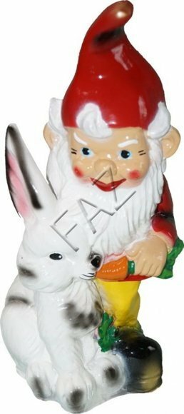 Colorful garden decor figurine of a dwarf feeds rabbit with a carrot 30cm