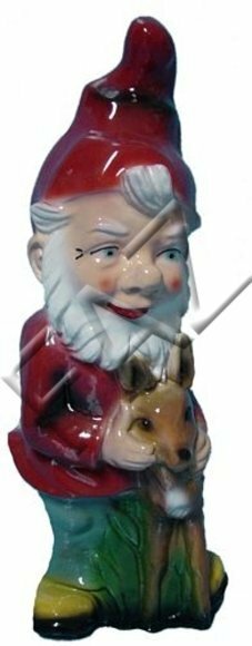 Colorful decor figure designed as a dwarf in a red suit holding a fawn 40cm