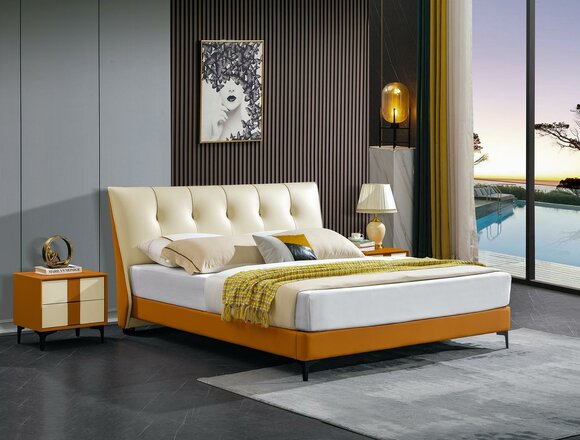 Designer Bed Orange Leather Hotel Faux Leather Beds Double Sleeping Room Furniture