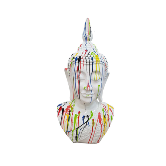 White colored abstract decorative sculpture designed as buddha bust in colorful stripes 117cm