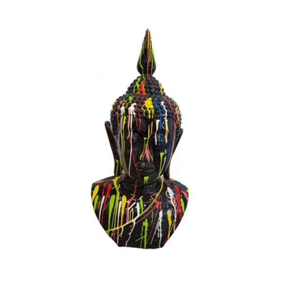 Abstract decorative sculpture designed as a black gloss colored malaysian buddha bust in colorful stripes 117cm