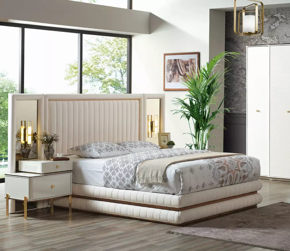 Modern bedroom set bed + 2x bedside tables design 3 pcs. beige