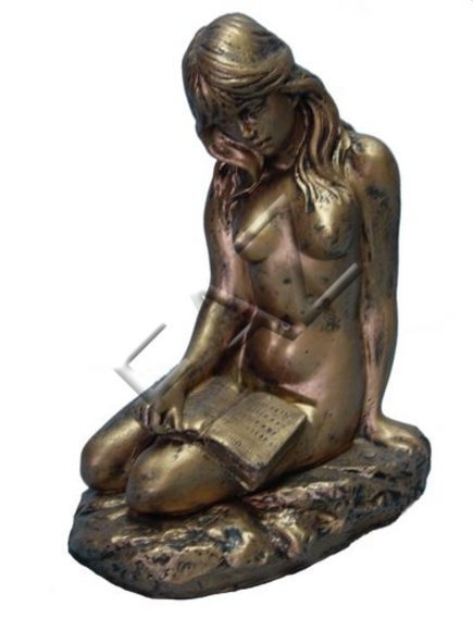 Bronze colored decor figure designed as naked sitting lady reading book 33cm