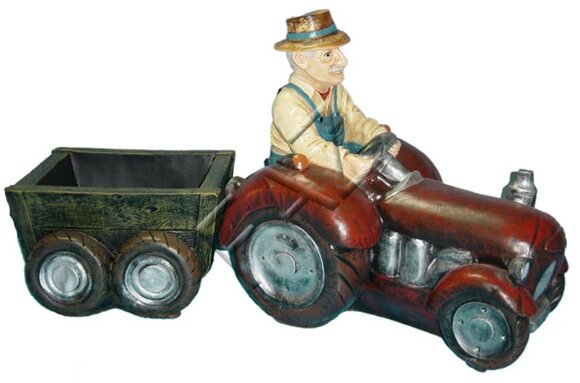 Decorative sculpture designed as gardener on a traktor with a trailer 55x109cm B270