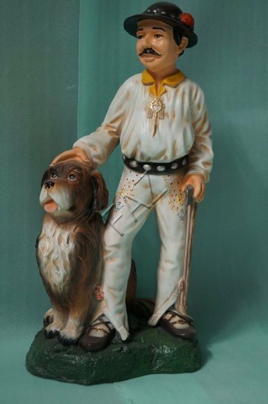 Decorative sculpture designed as a man figure in white suit with dog & cane 100x50cm