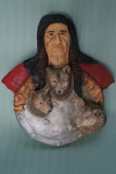 Red indian wall figure with a shield & wolves in an original colors 55x47cm