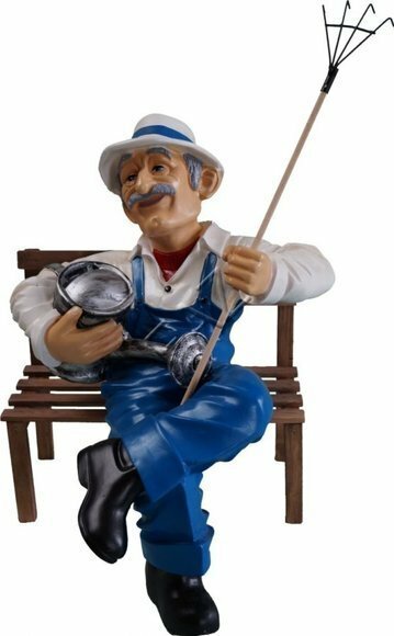 Decorative sculpture designed as gardener on a bench with watering can & rake 57cm B431