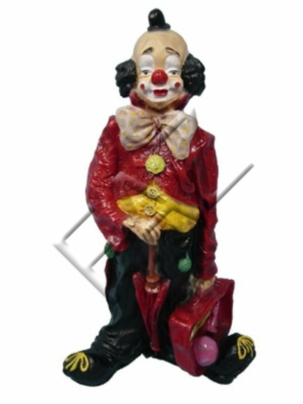 Original red colored decor figure designed as a standing clown with a umbrella