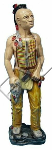 Red indian decor figure standing on a stone with axe & rope 95cm