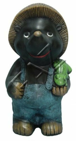 Full black colored mole gardener decorative sculpture with a frog 50cm height