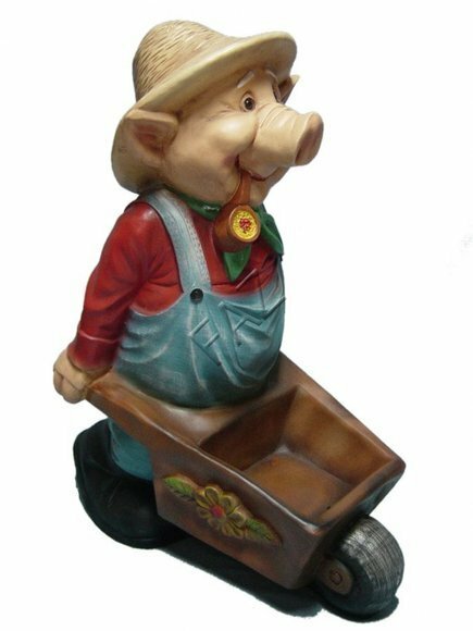 An old pig decorative garden sculpture with an wheelbarrow 80x62cm C218