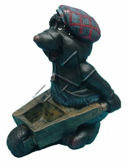 Decorative sculpture designed as black colored mole with wheelbarrow 61x57cm C234 Neu