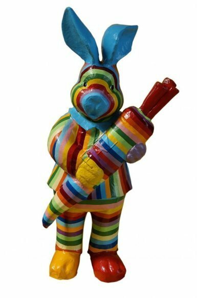 Blue rabbit decorative sculpture with a carrot in colorful stripes 86cm height