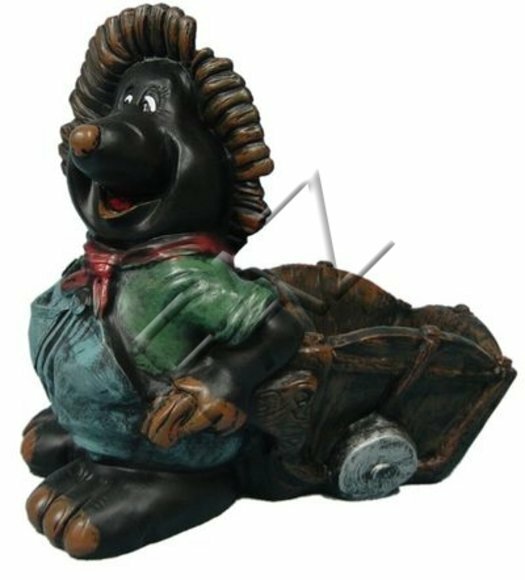 Decorative sculpture of happy black mole carrying a wheelbarrow 48x49cm