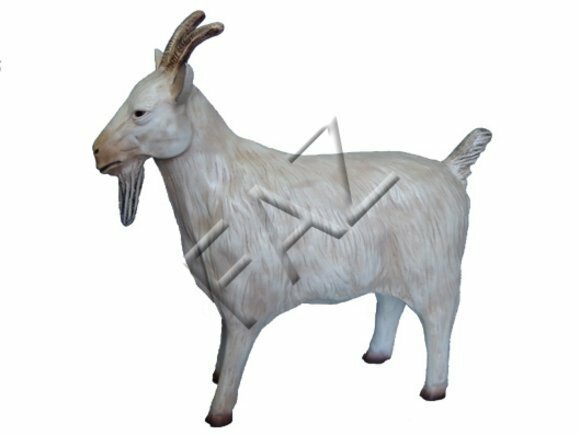 Decorative sculpture designed as motley white colored old standing goat