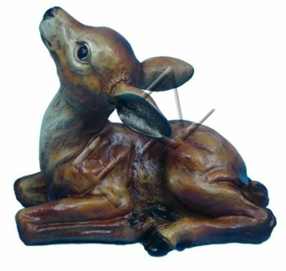 Decorative sculpture designed as resting dark brown colored looking up motley fawn 21x27cm